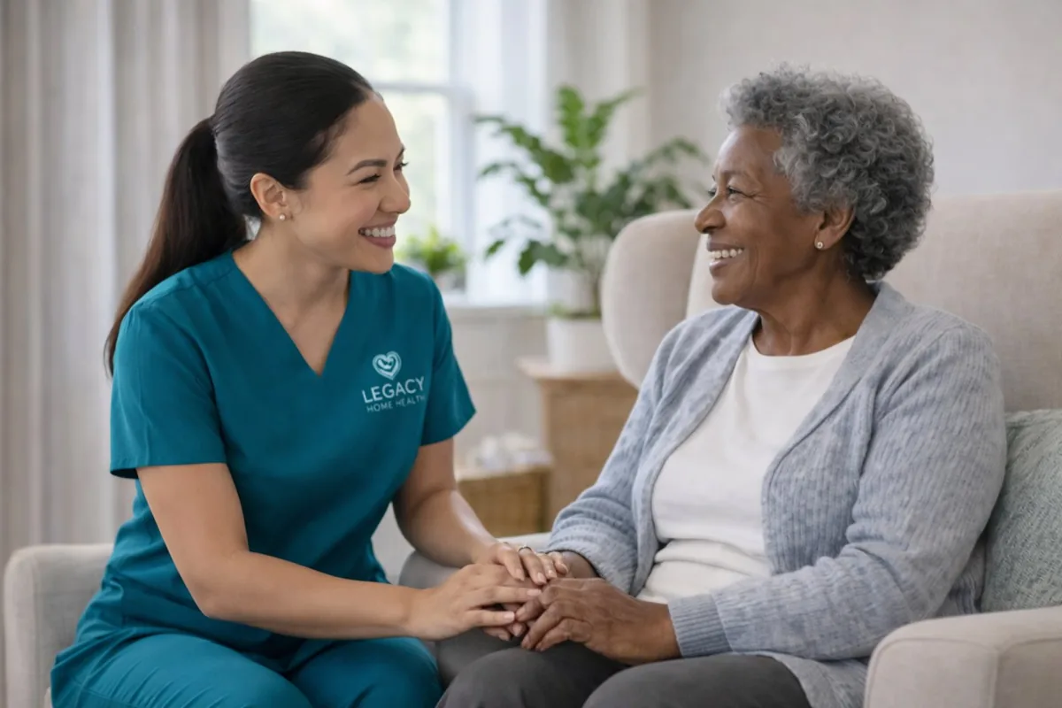 Home health caregiver supporting an older adult